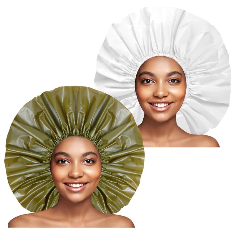 CHFONG Extra Large Shower Cap 2 PCS Waterproof Shower Caps for Women, Super Jumbo Shower Cap, Reusable Super Large Bath Caps Hair Cap for Long Thick Curly Hair, Locs, Twist Braids - Green + White - Image 1